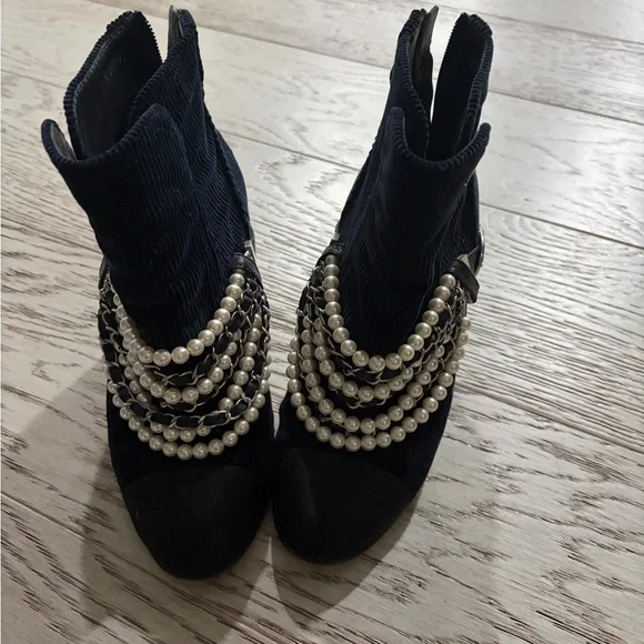 CHANEL Black Ankle Boots with Pearl Accents, dark Navy color - Picture 1 of 2